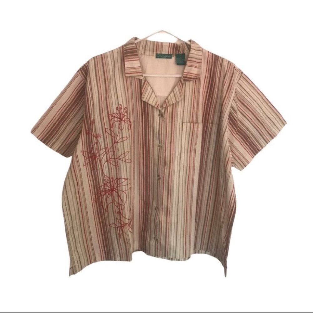 4/$20 Emerald Isle plus sized vintage blouse striped with floral embroidery